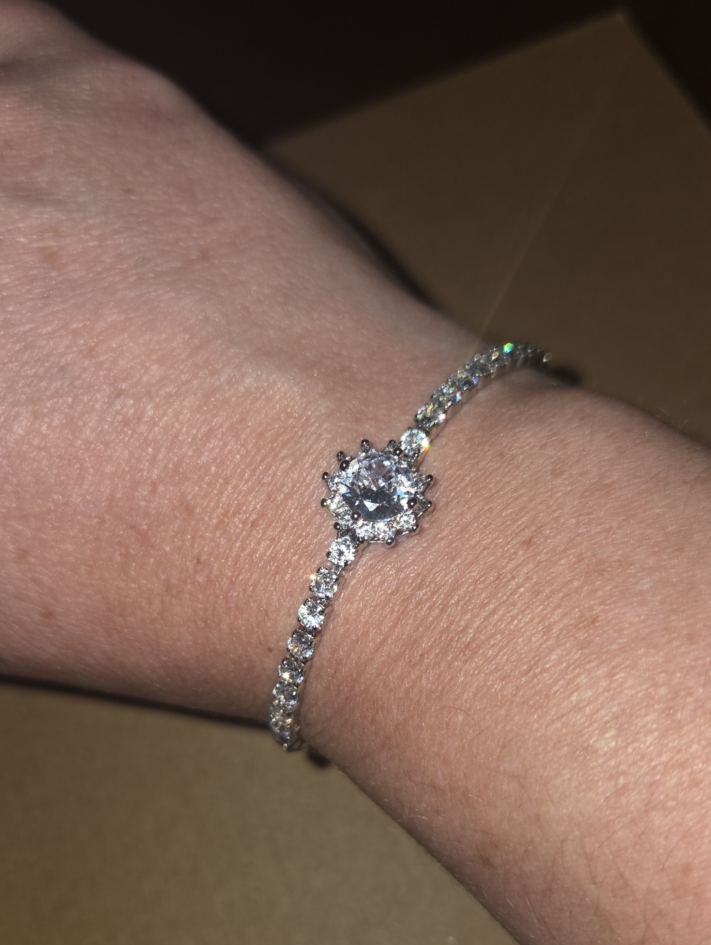 Sparkling Silver Tennis Bracelet with Halo CZ Center